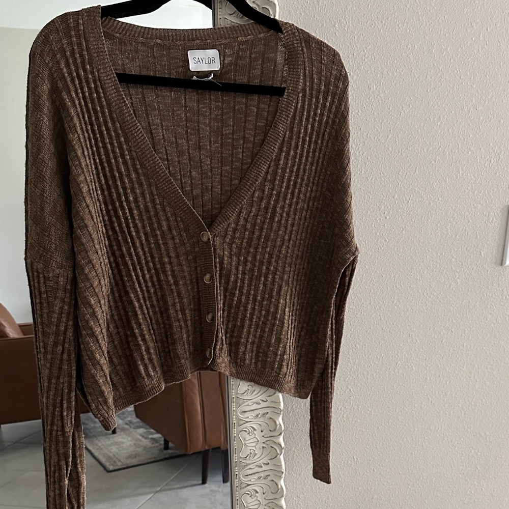 SAYLOR Chocolate Ribbed Cardigan - Picture 2 of 4